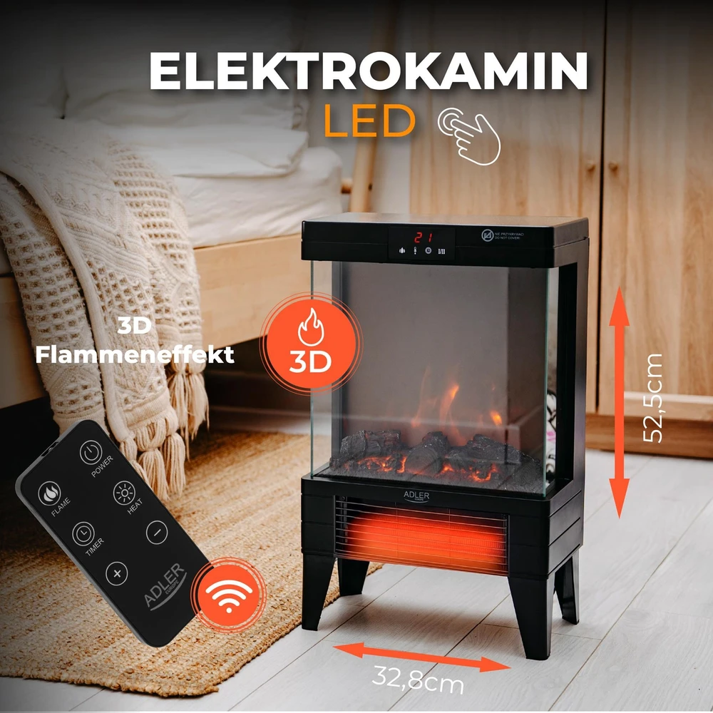 Electric fireplace ADLER AD 7755 2 heat settings: 1000W / 2000W | 3D flame effect | Thermostat Juodas