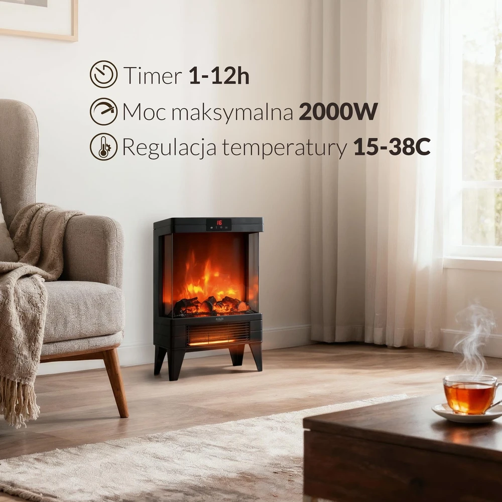 Electric fireplace ADLER AD 7755 2 heat settings: 1000W / 2000W | 3D flame effect | Thermostat Juodas