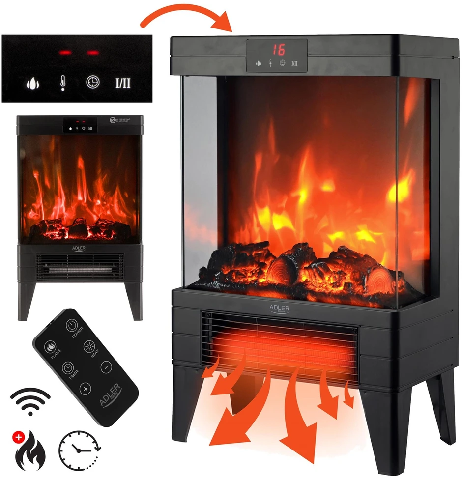 Electric fireplace ADLER AD 7755 2 heat settings: 1000W / 2000W | 3D flame effect | Thermostat Juodas
