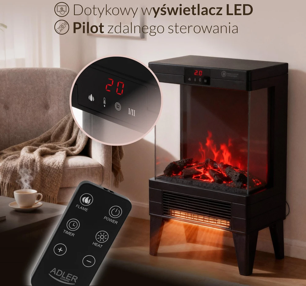Electric fireplace ADLER AD 7755 2 heat settings: 1000W / 2000W | 3D flame effect | Thermostat Juodas