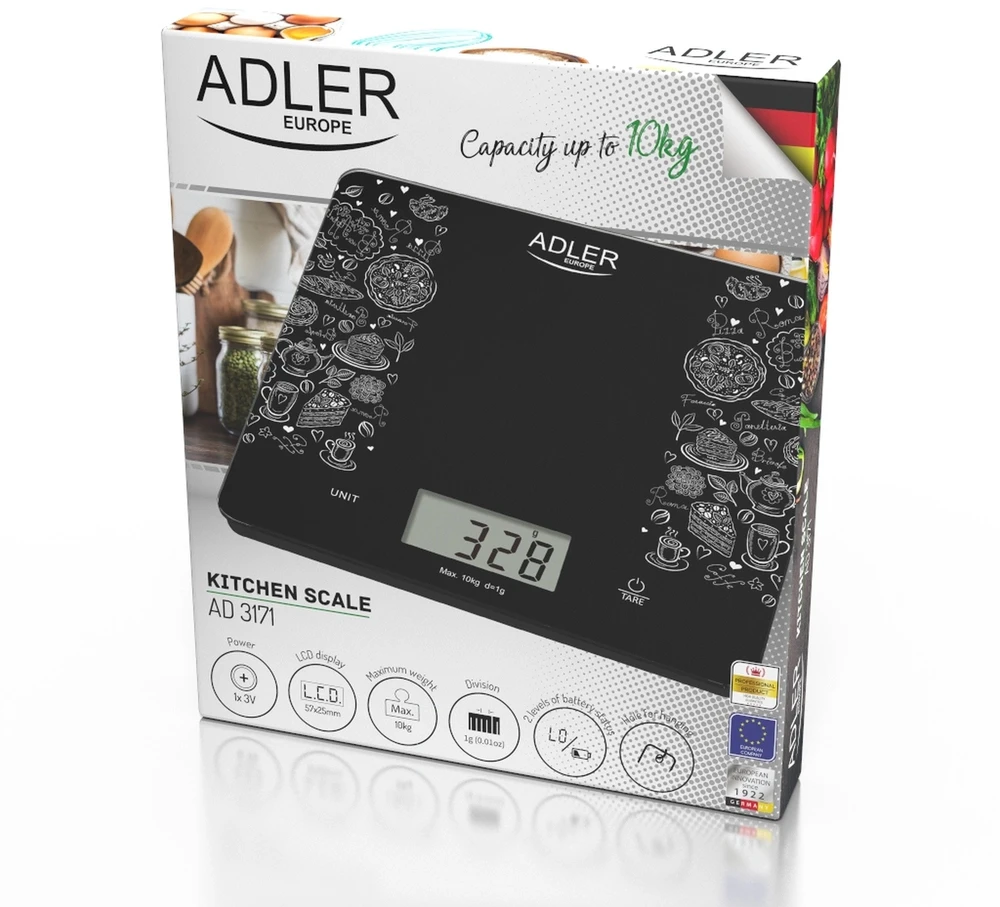Adler | Virtuvinės svarstyklės | AD 3171 | Maximum weight (capacity) 10 kg | Graduation 1 g | Ekranas type LCD | Juodas