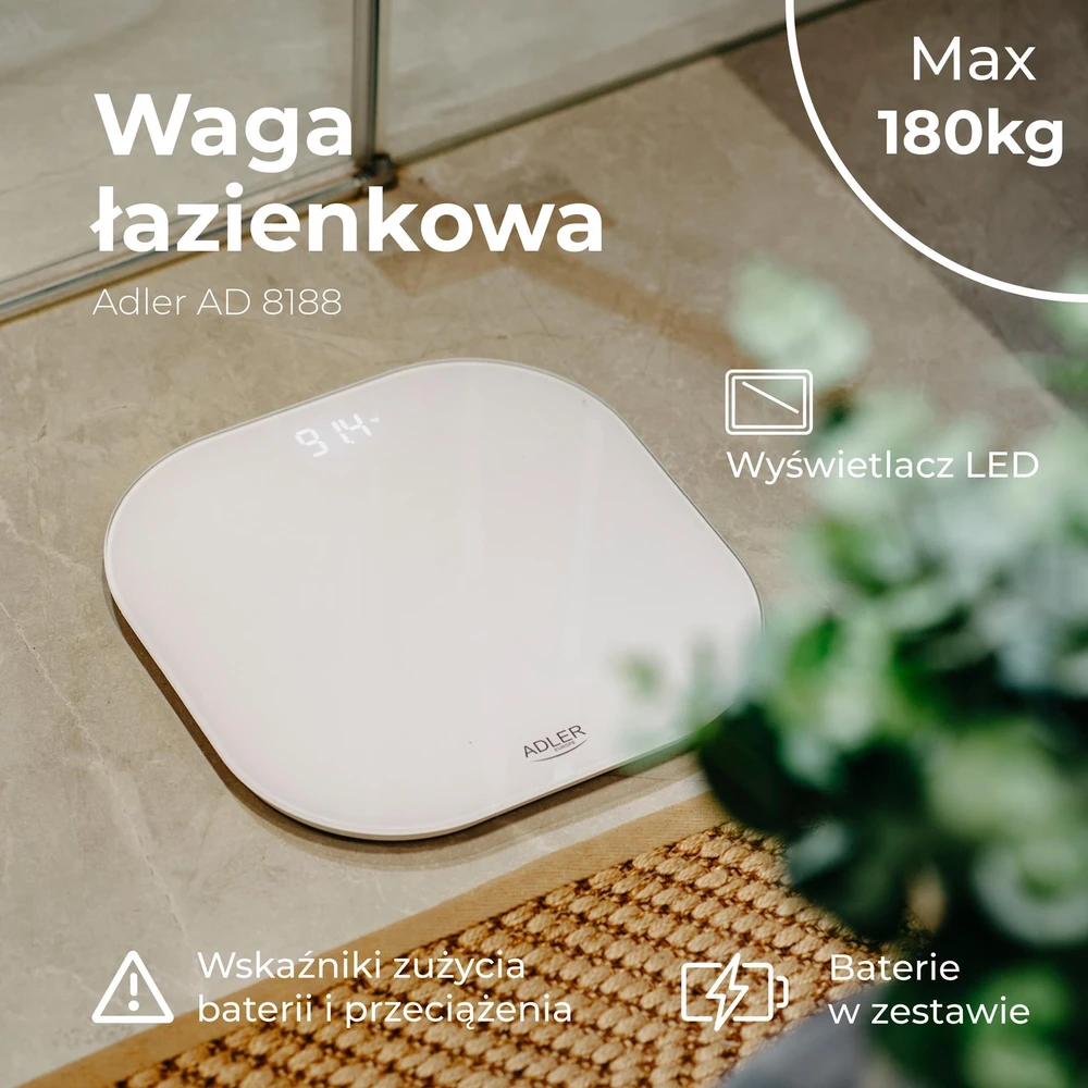 Virtuvinės svarstyklės Adler vonios svarstyklės | AD 8188 | Didžiausias svoris (keliamoji galia) 180 kg | Tikslumas 100 g | Baltas