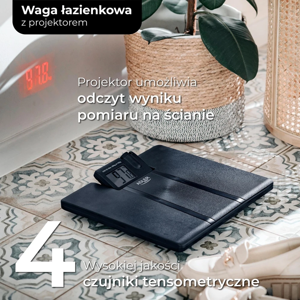 Virtuvinės svarstyklės Adler | Vonios svarstyklės su Projektorius | AD 8182 | Didžiausias svoris (keliamoji galia) 180 kg | Tikslumas 100 g | Juodas