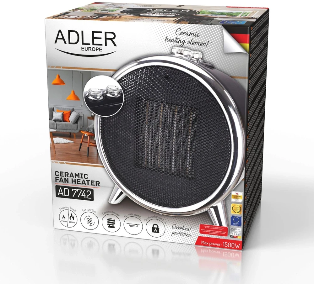 Adler | Fan Heater | AD 7742 | Ceramic | 1500 W | Number of power levels 2 | Juodas/Sidabrinis