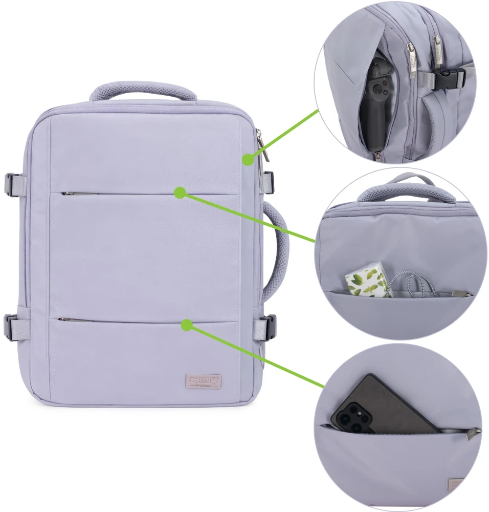 Adler Kuprinės rankinis bagažas 40x20x30 nešiojamas kompiuteris, atsparus vandeniui USB RFID Camry CR 6881 šviesiai violetinė