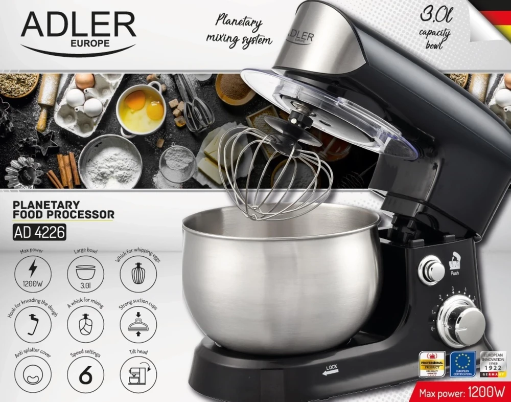 Adler | Planetary virtuvinis kombainas | AD 4226b | 1200 W | Greičių skaičius 6 | Bowl capacity 3.5 L | Juodas