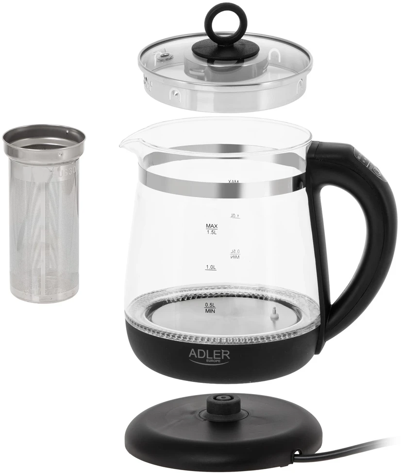 Adler | Virdulys | AD 1299 | Electric | 2200 W | 1.5 L | Glass | 360° rotational base | Juodas
