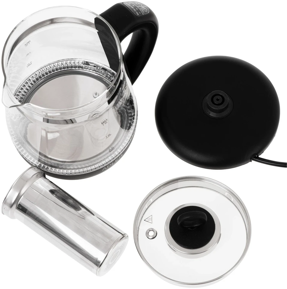 Adler | Virdulys | AD 1299 | Electric | 2200 W | 1.5 L | Glass | 360° rotational base | Juodas