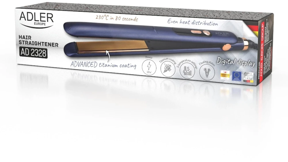 Titano plaukų tiesintuvas, 5 temperatūros, LCD, automatiškai išsijungiantis Adler AD 2328