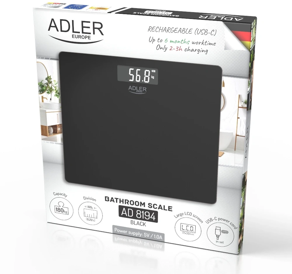 Svarstyklės Bathroom scale ADLER AD 8194b rechargeable USB-C Juodas
