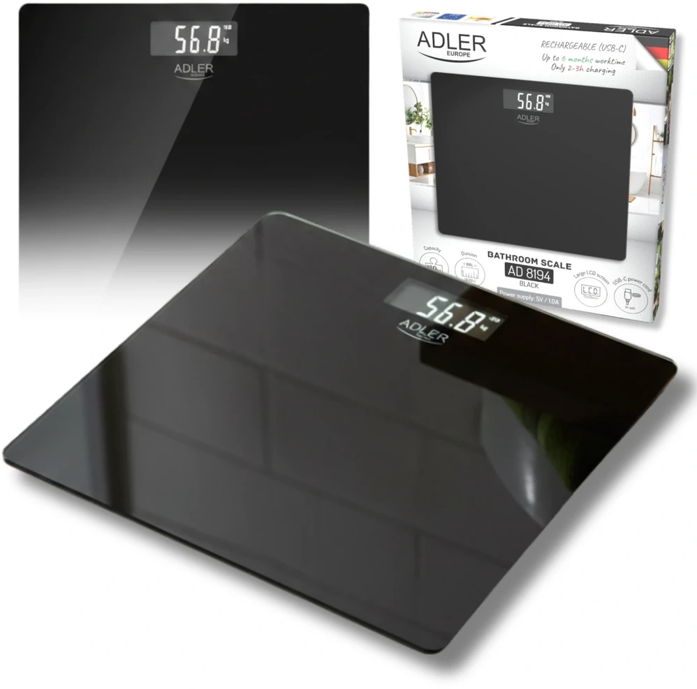 Svarstyklės Bathroom scale ADLER AD 8194b rechargeable USB-C Juodas