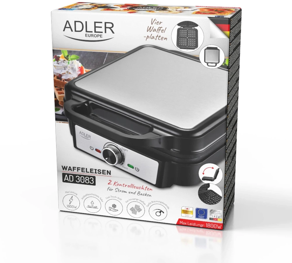 Adler Vaflinė | AD 3083 | 1800 W | Number of pastry 4 | Belgium | Sidabrinis/Juodas