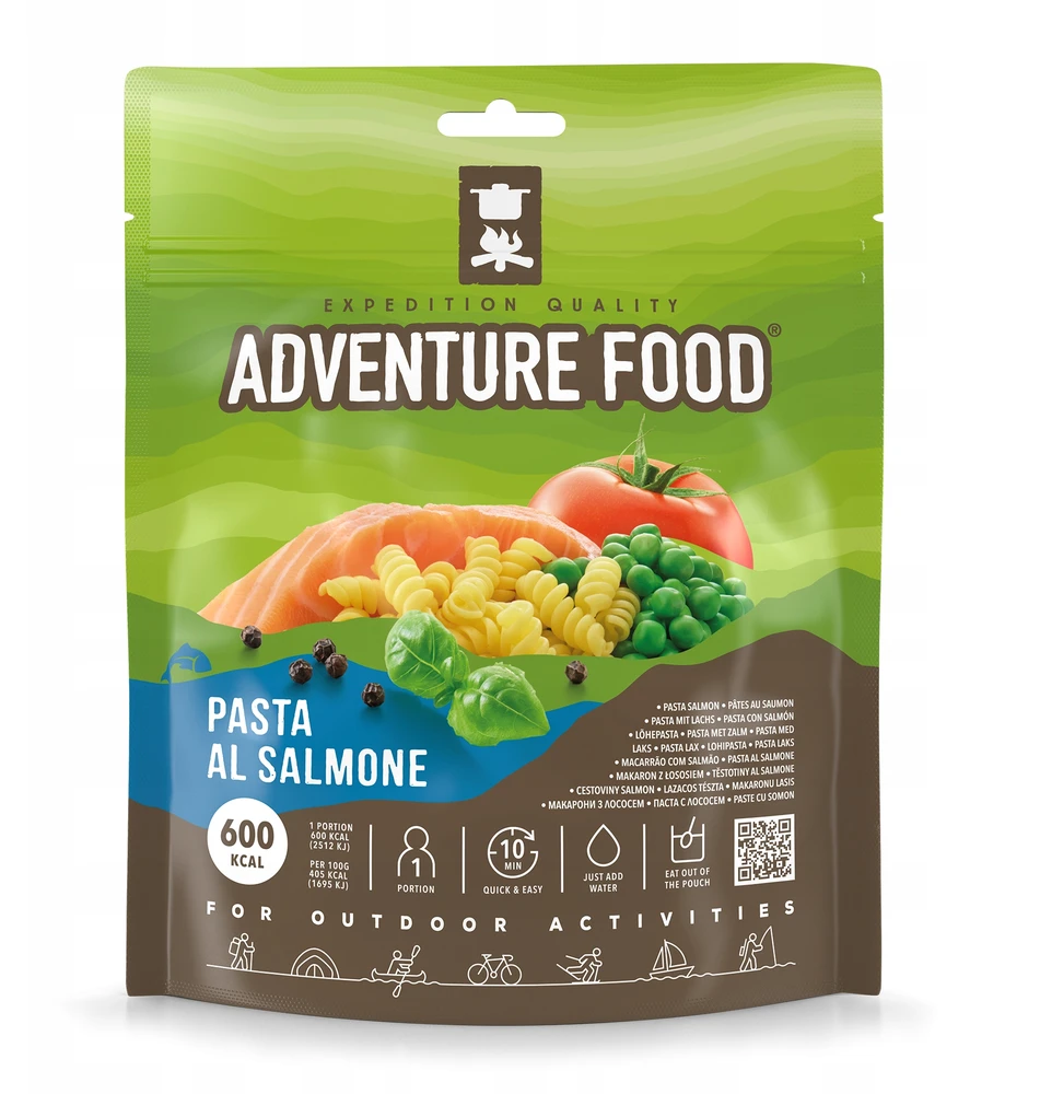 Adventure Food Makaronai su lašiša 600 kcal, liofilizuotas indas, maisto davinys.