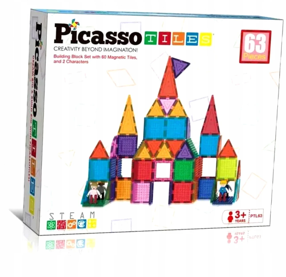 AE PICASSO PLYTELĖS Magnetiniai edukaciniai konstrukciniai blokeliai 3D, 63 elementai
