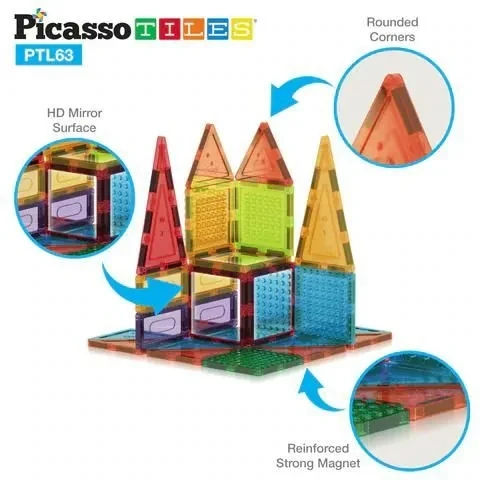 AE PICASSO PLYTELĖS Magnetiniai edukaciniai konstrukciniai blokeliai 3D, 63 elementai