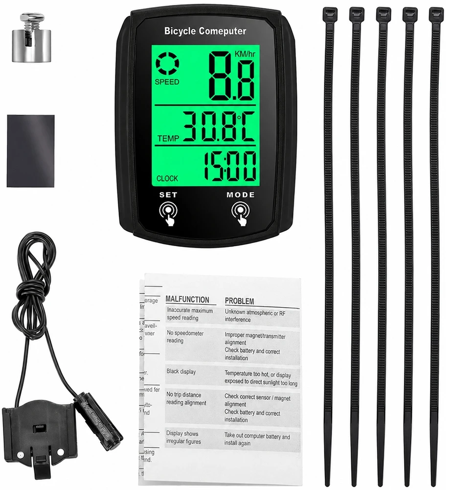 Agmi Dviračio kompiuteris Elektroninis LCD apšviestas vandeniui atsparus termometras