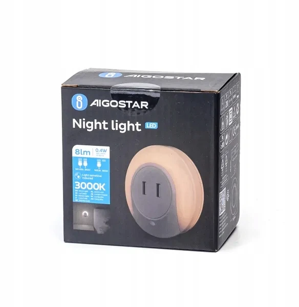 Aigostar Lampka do gniazdka nocna LED su czujnikiem zmiechrzu 0,4W su USB kroviklis