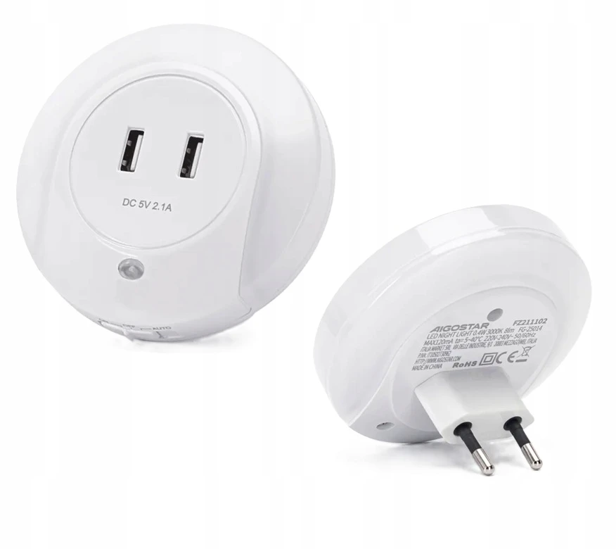 Aigostar Lampka do gniazdka nocna LED su czujnikiem zmiechrzu 0,4W su USB kroviklis