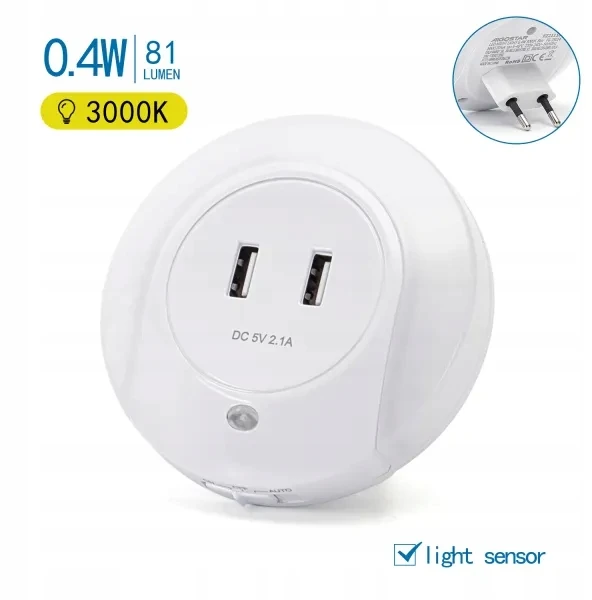 Aigostar Lampka do gniazdka nocna LED su czujnikiem zmiechrzu 0,4W su USB kroviklis