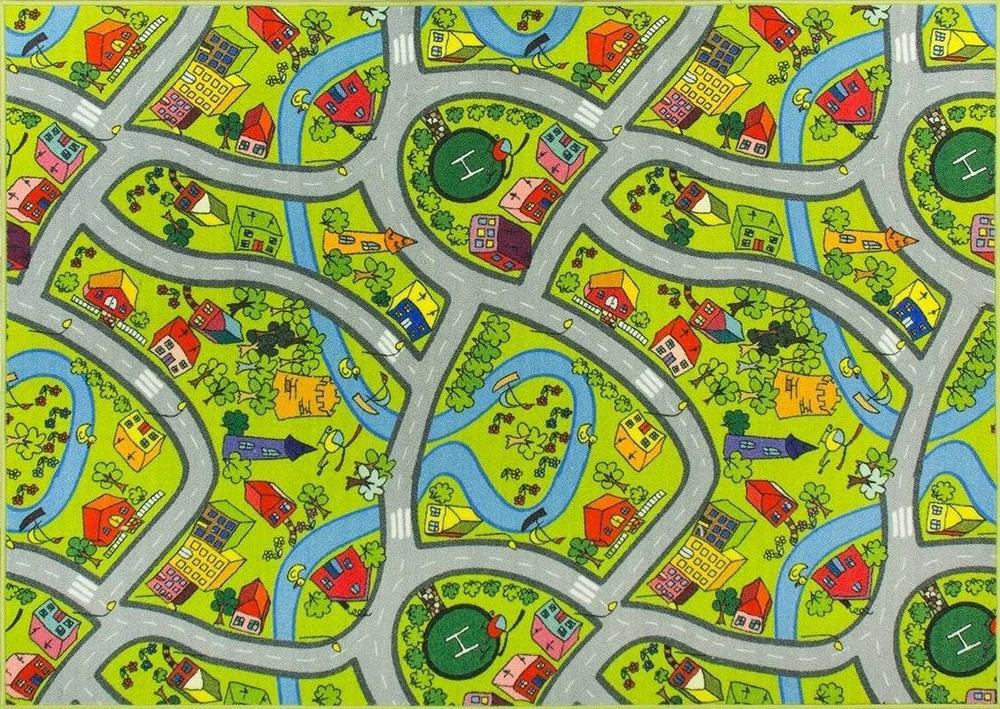 Akcila DYWAN DLA CHŁOPCA ULICE Žalias DROGA SZARE ULICZKI DOMKI RZEKA 150x300 cm