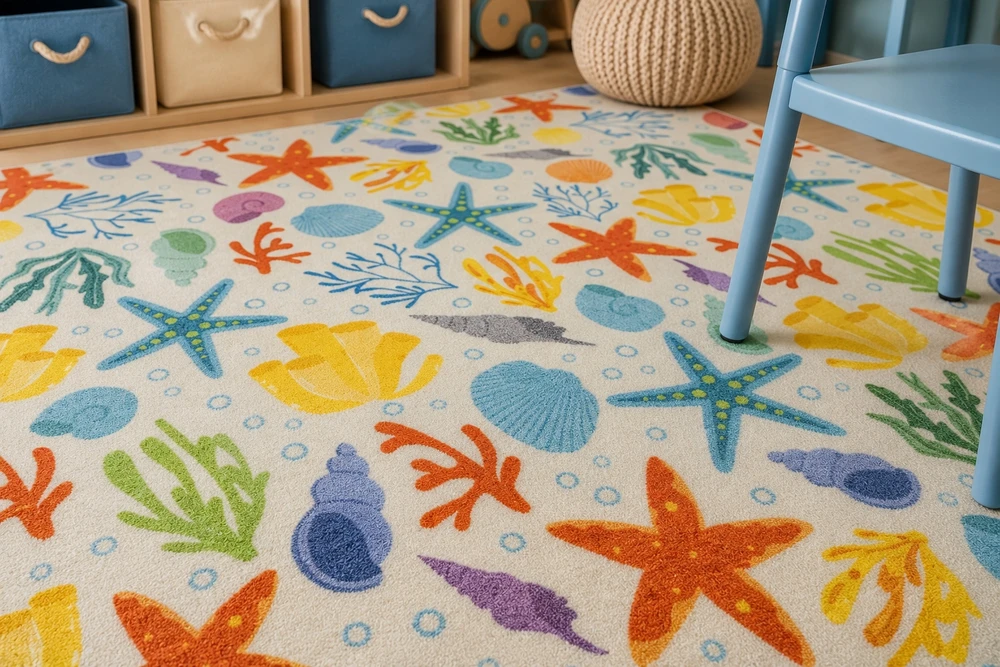 Akcila DYWAN DLA DZIECKA MORSKI W MUSZELKI KOLOROWY NA FILCU NA WYMIAR 100x200 cm