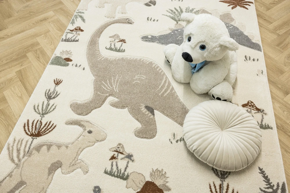 Akcila DYWAN DO POKOJU DZIECIECEGO BEŻ KREM W DINOZAURY WYCINANY TANAMI 160x230 cm