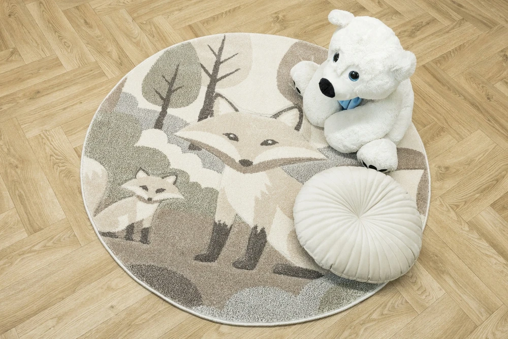 Akcila DYWAN DO POKOJU DZIECKA BEŻOWE LISKI WYCINANY MIĘKKI TANAMI KOŁO śr. 100 cm