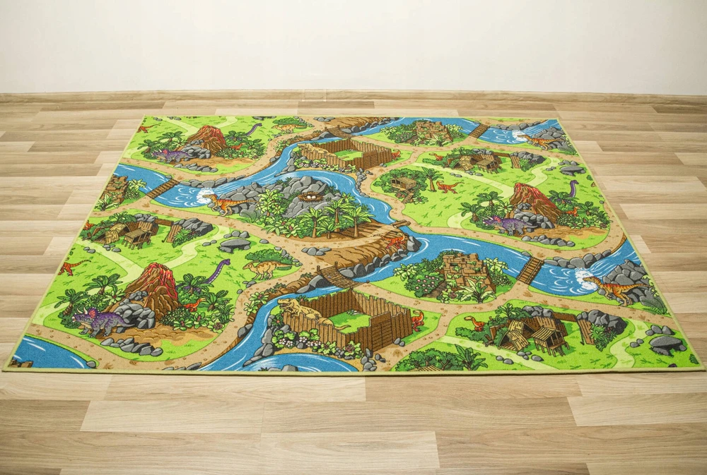 Akcila DYWAN KOLOROWY DINO PĘTELKOWE RUNO DINOZAURY ULICZKI WULKANY 150x200 cm