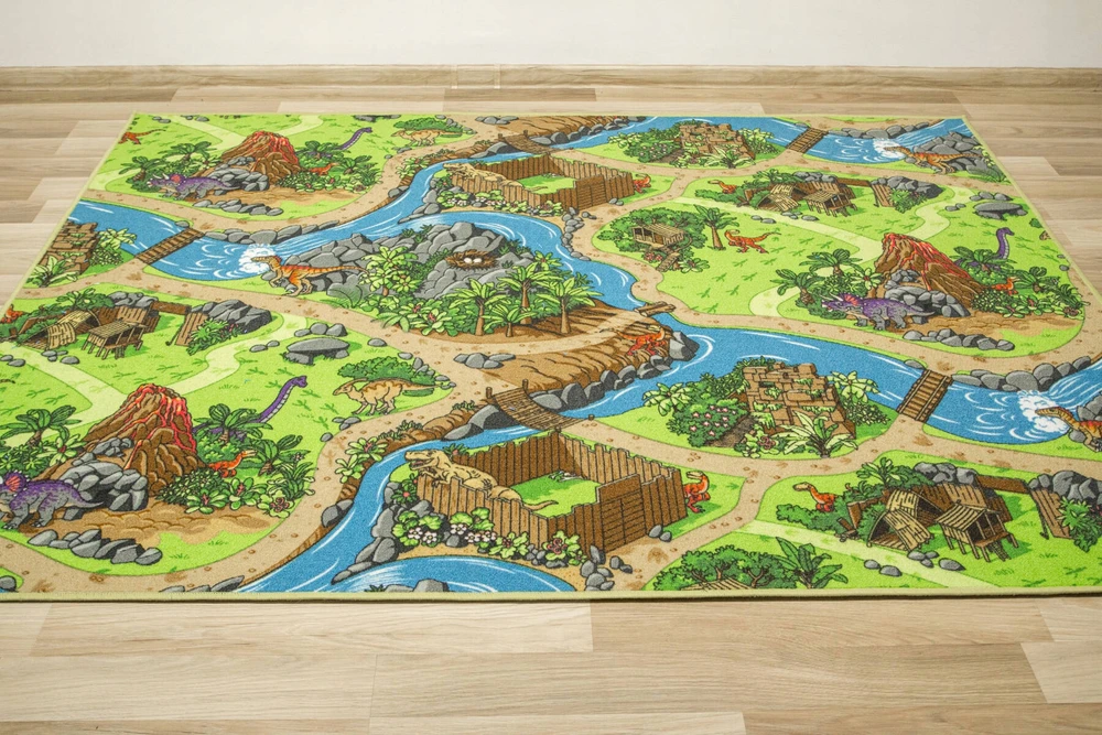 Akcila DYWAN KOLOROWY DINO PĘTELKOWE RUNO DINOZAURY ULICZKI WULKANY 150x200 cm
