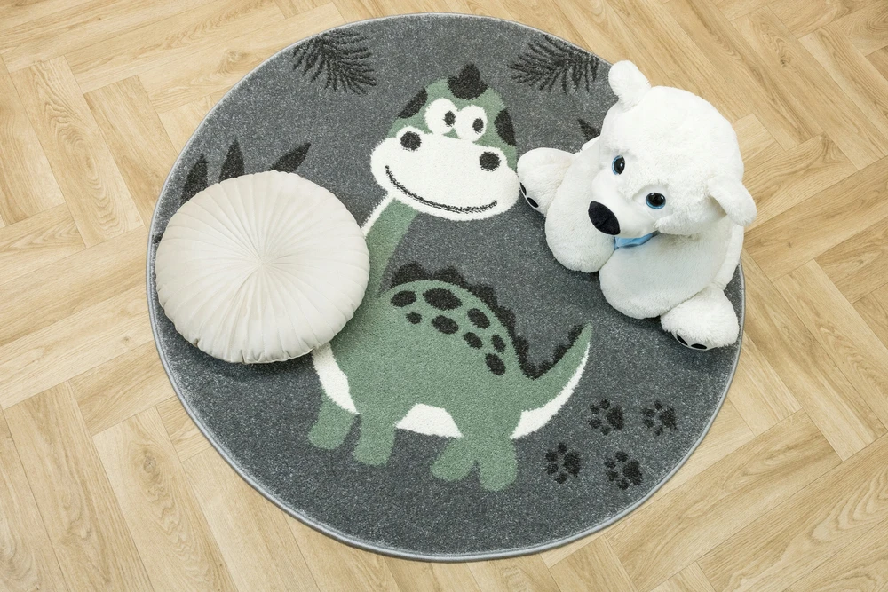 Akcila DYWAN OKRĄGŁY DLA CHLOPCA PASTELOWY PILKA DINOZAUR OLIWKA LIMA śr. 100 cm