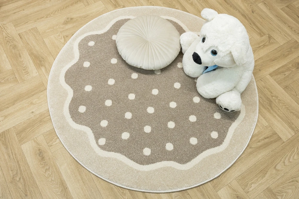Akcila DYWAN OKRĄGŁY DO POKOJU DZIECI KREM BEŻ W KROPKI MIĘKKI TANAMI śr. 120 cm