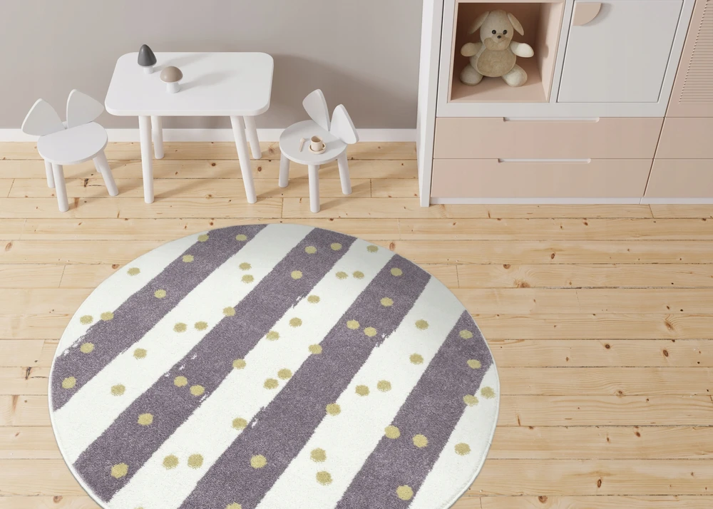 Akcila DYWAN OKRĄGŁY DO POKOJU DZIEWCZYNKI GĘSTY FIOLET KREM PASKI LIMA śr. 100 cm