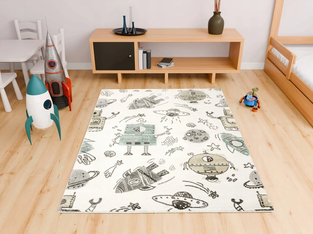 Akcila DYWAN W ROBOTY RAKIETY KOSMOS DO POKOJU DZIECI KREM TURKUS LIMA 200x300 cm