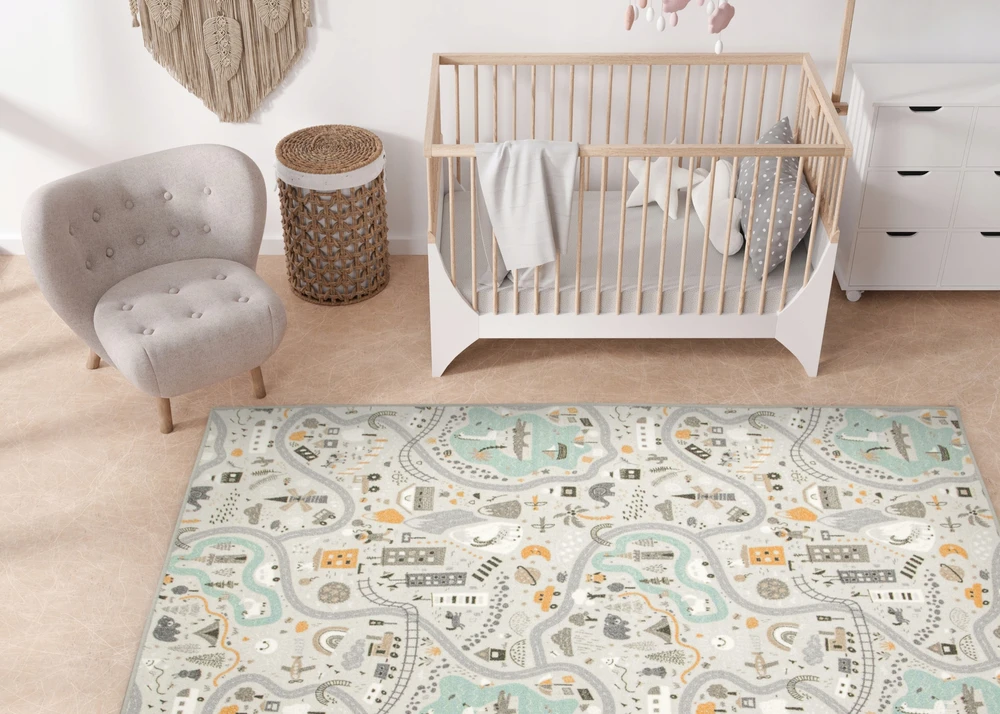 Akcila KILIMAS VAIKAMS PASTELINĖS GATVĖS KELIŲ NAMAI SCANDINA STYLE 200x250 cm