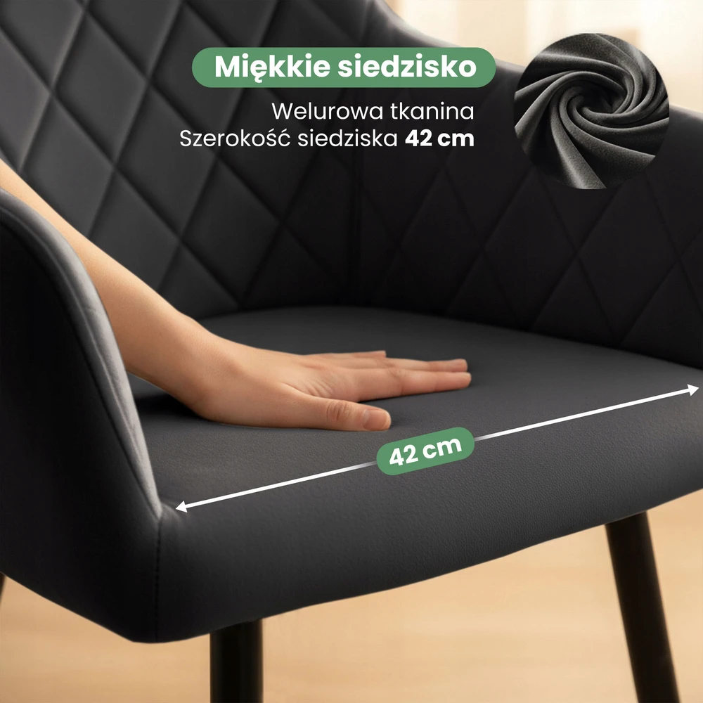 Akord 2x juoda VELTO minkšta dygsniuota aksominė kėdė su juodomis metalinėmis kojomis