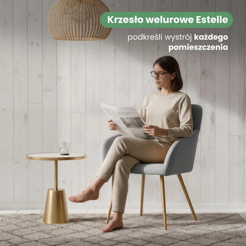 Akord 2x Lygiai apmušta aksominė kėdė Pilka ESTELLE Auksinės kojos