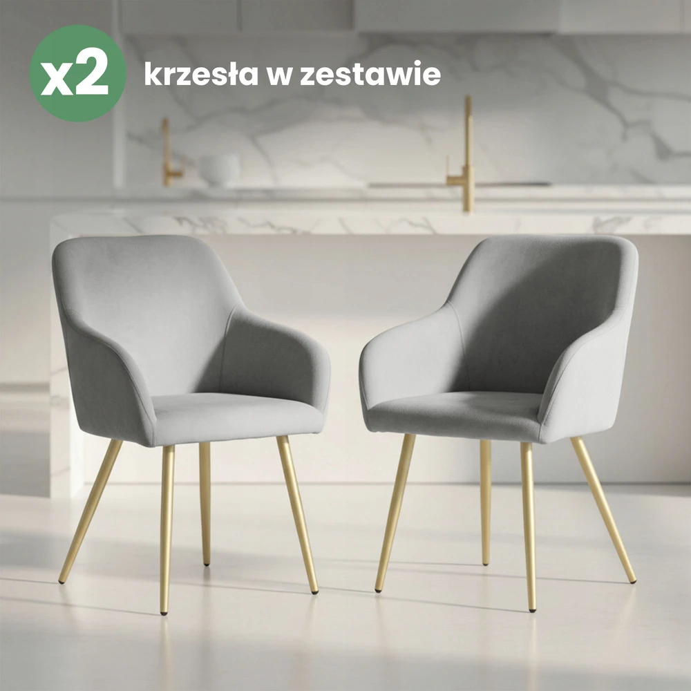 Akord 2x Lygiai apmušta aksominė kėdė Pilka ESTELLE Auksinės kojos