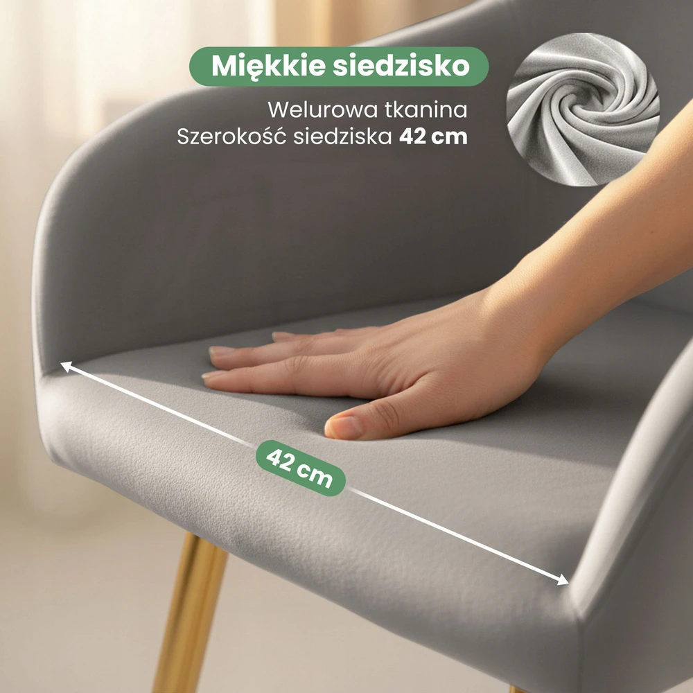 Akord 2x Lygiai apmušta aksominė kėdė Pilka ESTELLE Auksinės kojos