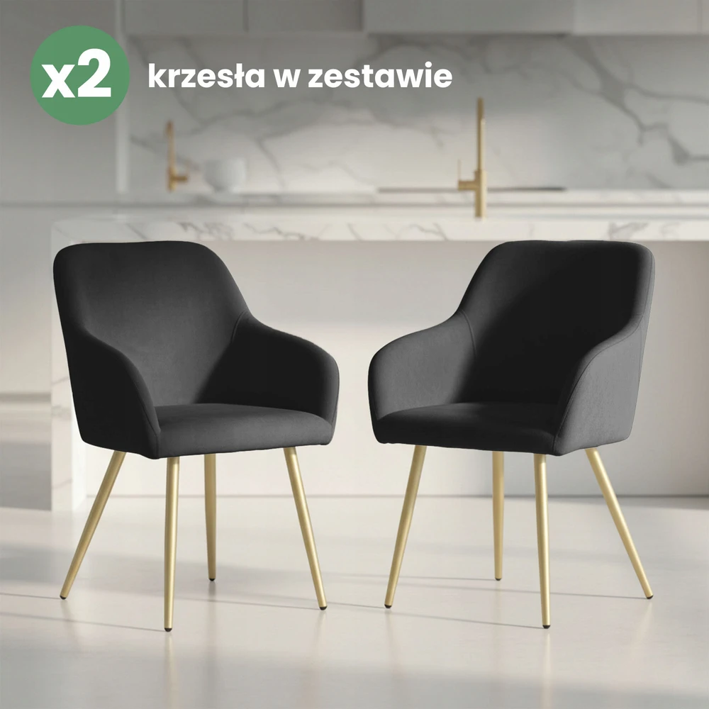 Akord 2x Lygus minkštas aksominis krėslas Juodas ESTELLE Golden kojos