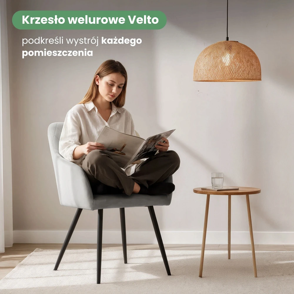 Akord 2x Minkšta aksominė kėdė svetainei VELTO Pilkas Juodas kojos