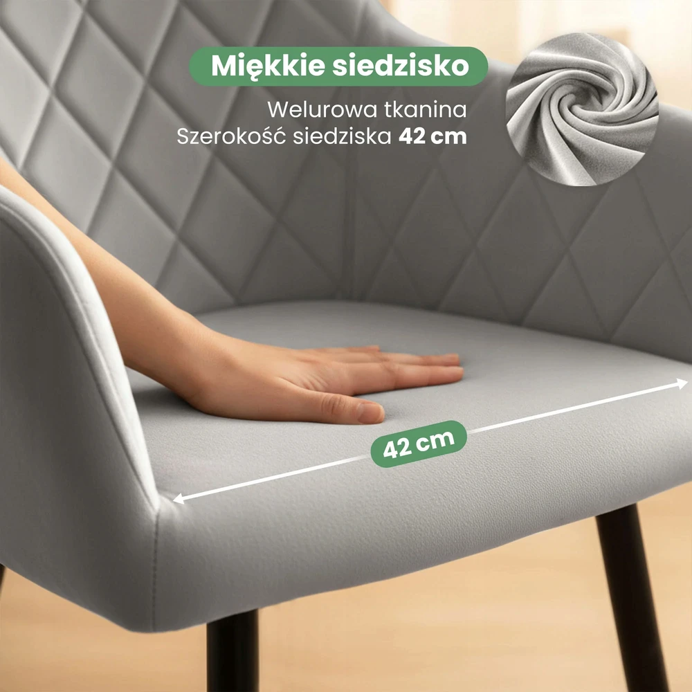 Akord 2x Minkšta aksominė kėdė svetainei VELTO Pilkas Juodas kojos