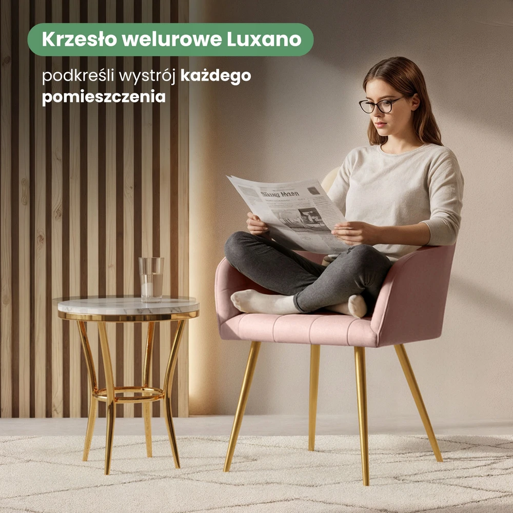 Akord 2x Minkšta aksominė kėdė svetainei LUXANO Powder Rožinė Golden kojos