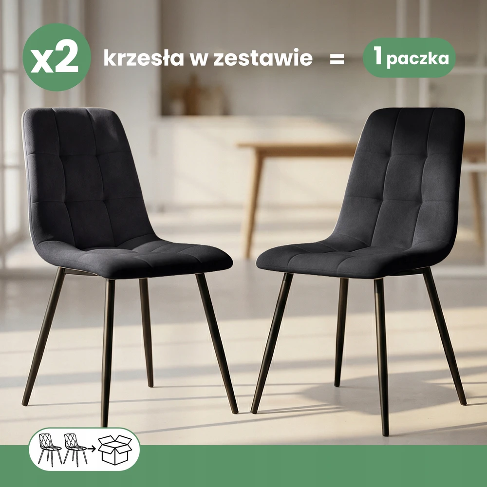 Akord 2x Minkšta dygsniuota valgomojo kėdė Juoda NERO juodos kojos