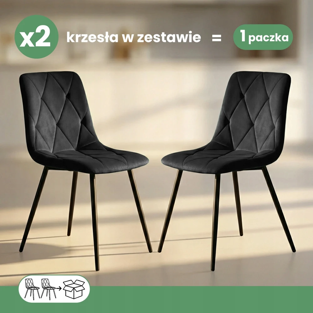 Akord 2x moderni juoda MILO dygsniuota minkšta kėdė juodomis kojomis