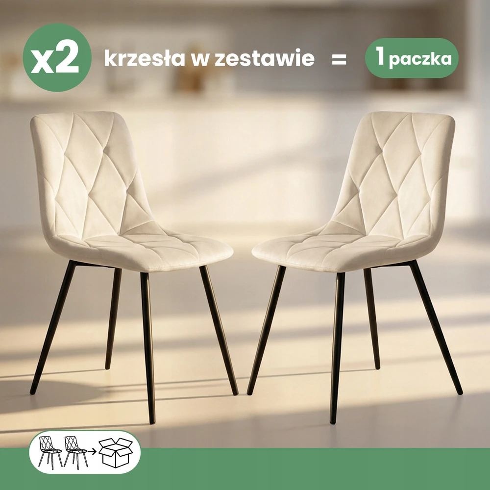 Akord 2x moderni smėlio spalvos MILO minkšta dygsniuota kėdė juodomis kojomis