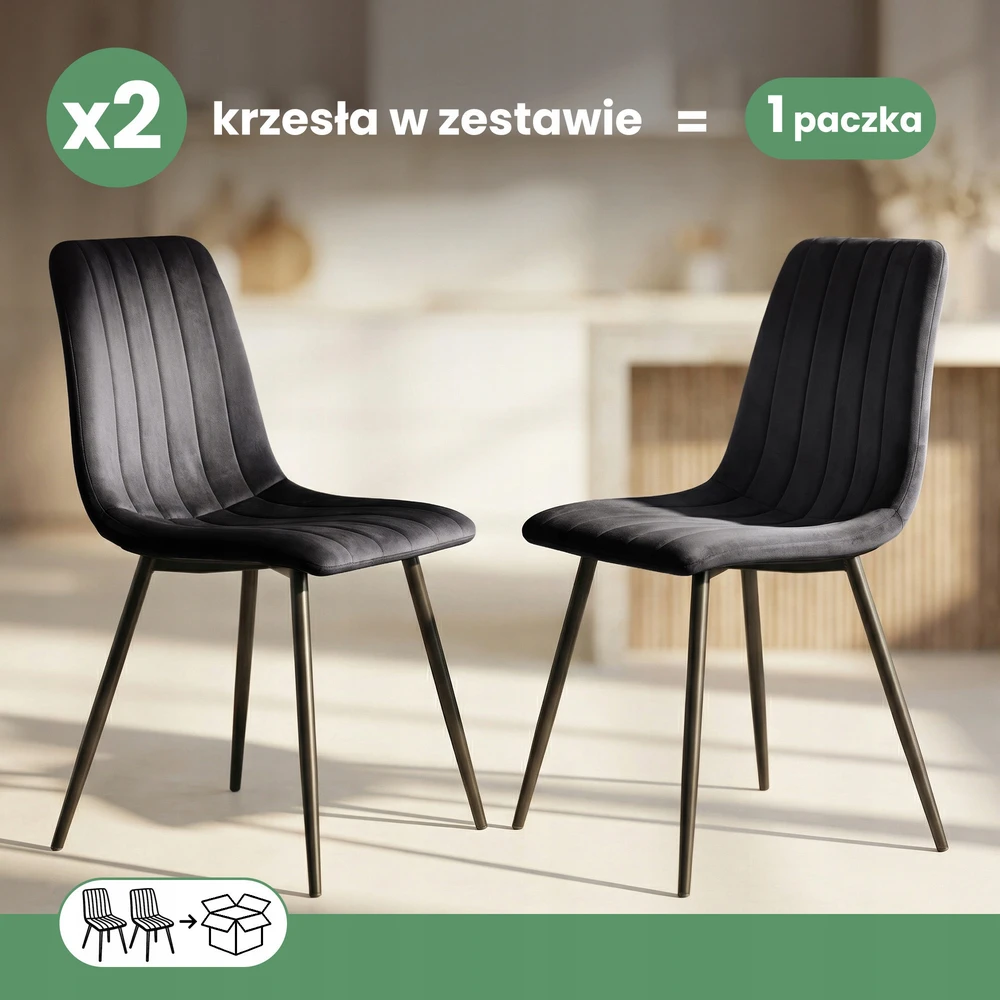 Akord 2x Veliūrinė dygsniuota kėdė LIVO juoda su juodomis metalinėmis kojomis