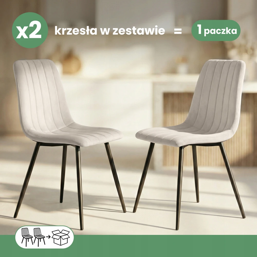 Akord 2x Veliūru apmušta dygsniuota kėdė smėlio spalvos LIVO juodos metalinės kojos