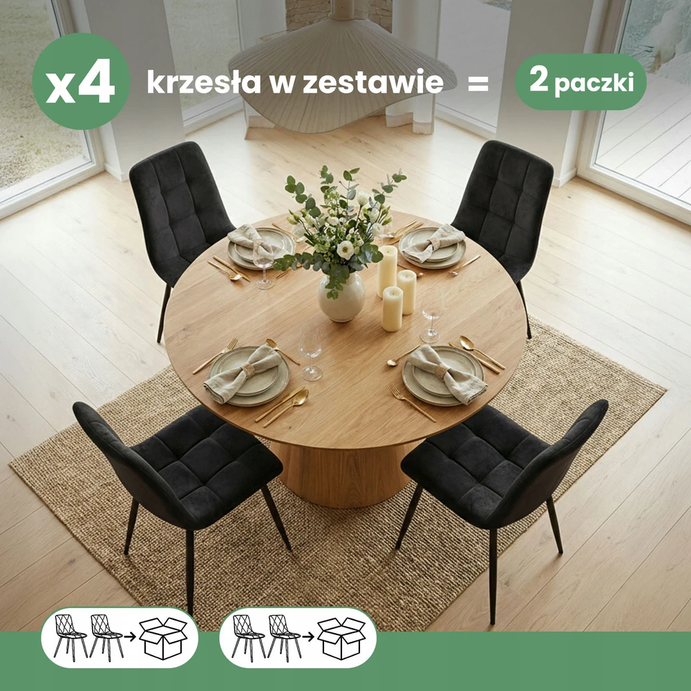 Akord 4x Minkšta dygsniuota kėdė valgomajam Juodas NERO Juodas kojos