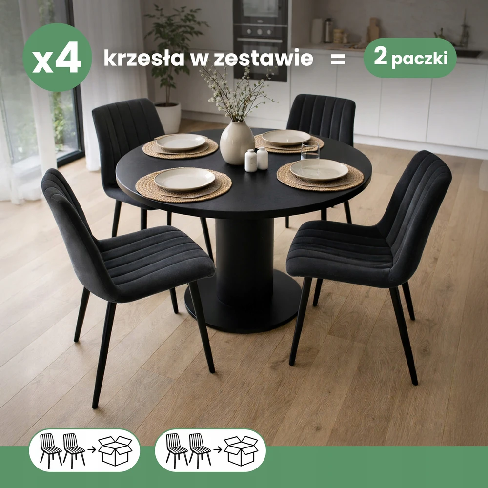 Akord 4x Minkšta dygsniuota veliūrinė kėdė LIVO juoda su juodomis metalinėmis kojomis