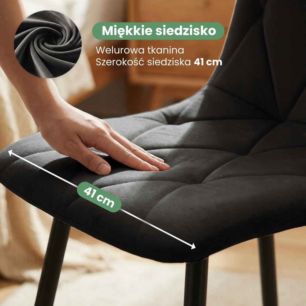 Akord 4x moderni juoda MILO dygsniuota minkšta kėdė juodomis kojomis